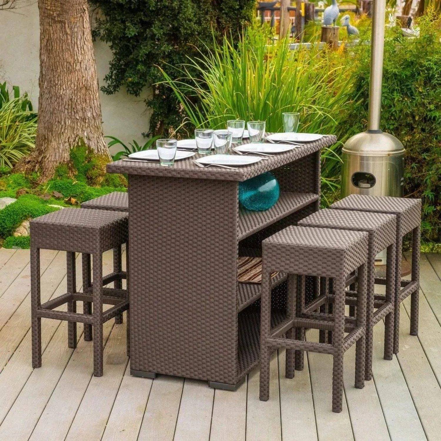 Coffee Brown 7PCS Wicker Bar Table Set - Outdoor Patio Furniture