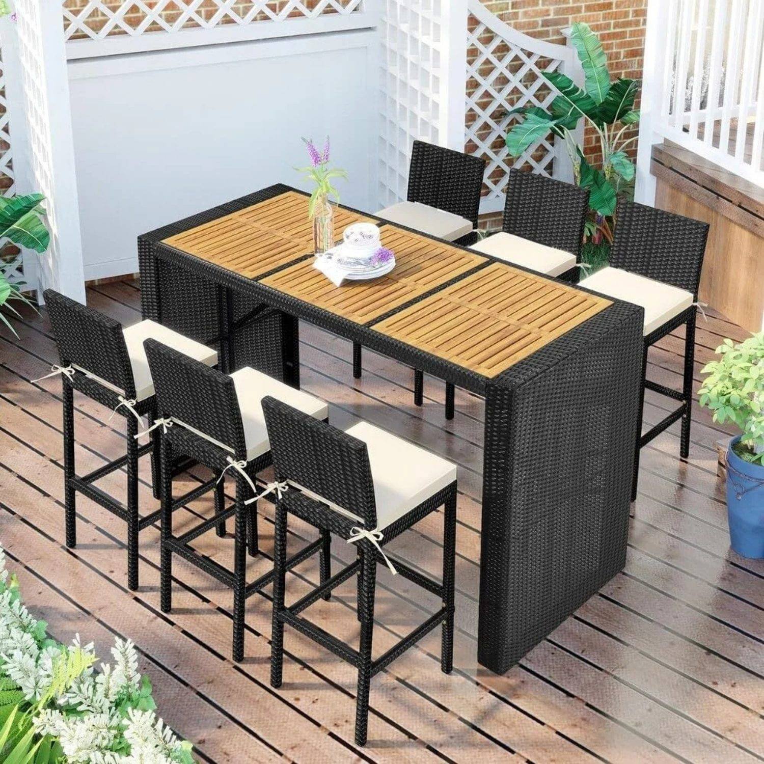 DEVOKO 7-Piece Outdoor Patio Rattan Bar Set (Black and Cream)