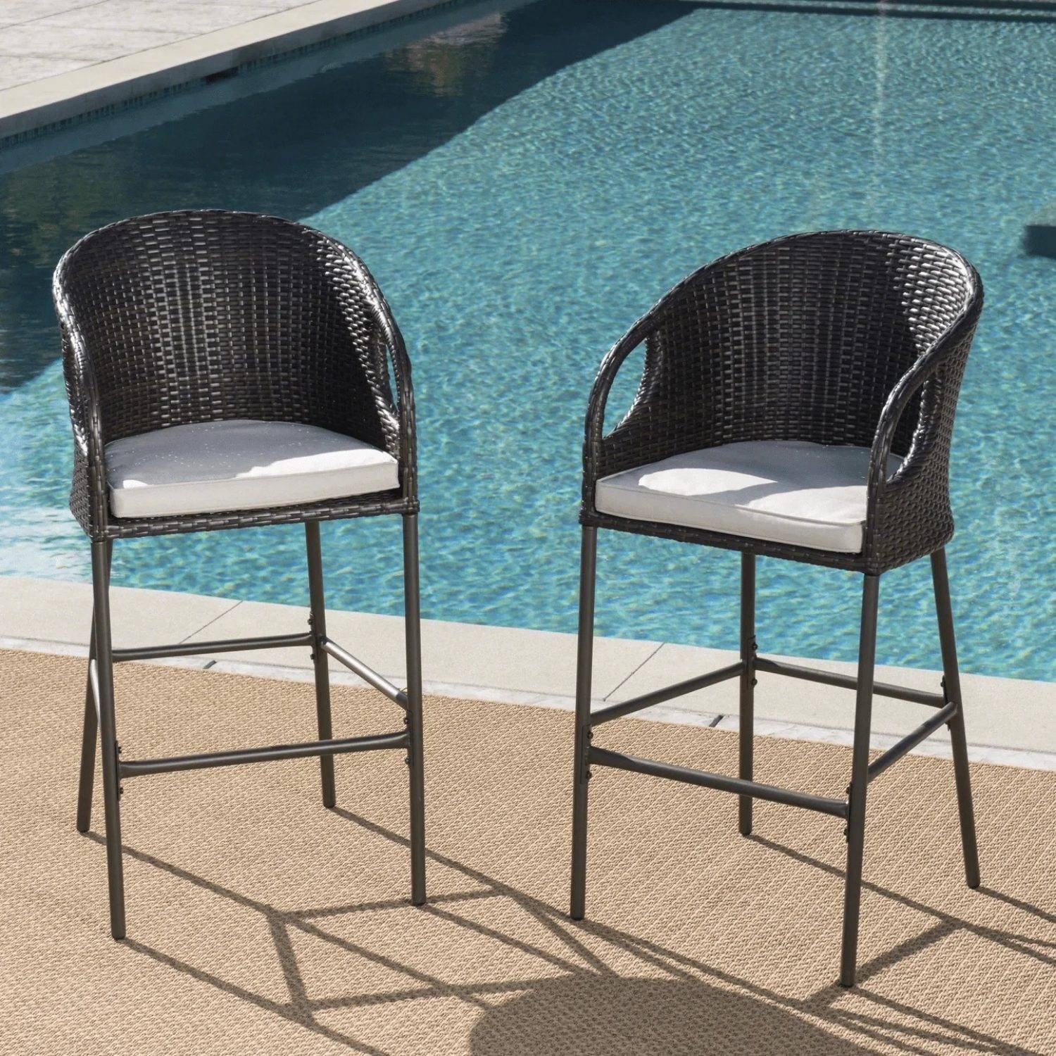 DEVOKO Outdoor Wicker Bar Stools Set of 2, Patio Rattan Furniture with Cushions(Dark Brown & Off-white)