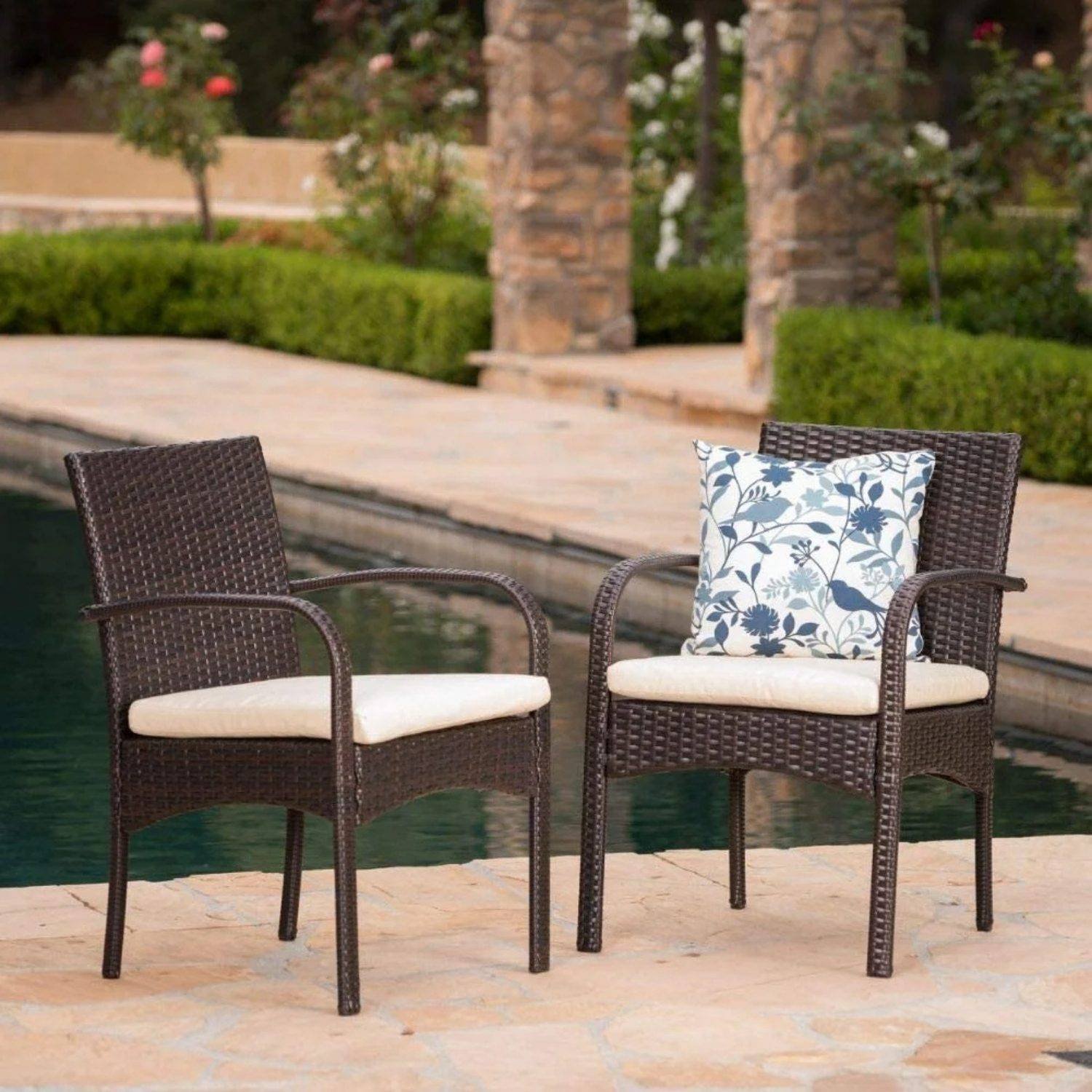 Dark Brown Rattan Patio Dining Chairs with Cream Cushion