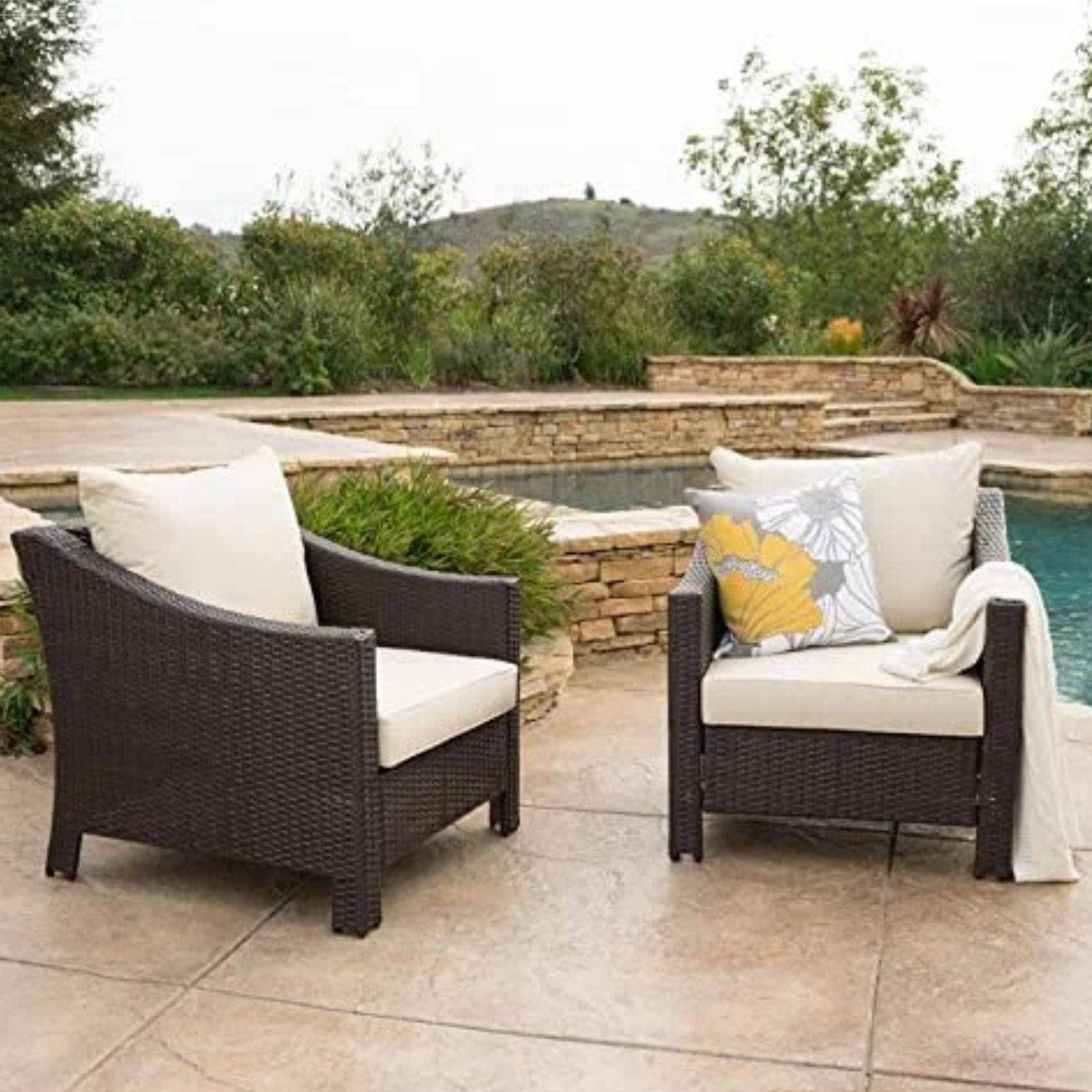 All-Weather Wicker Patio Arm Sofa Chair ( Dark Brown & Cream)