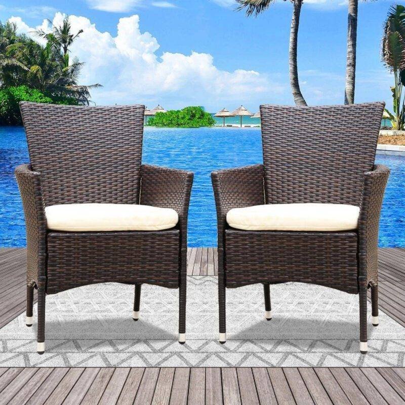 Dark Brown Patio Dining Chairs Set of 2 with Cream Cushion