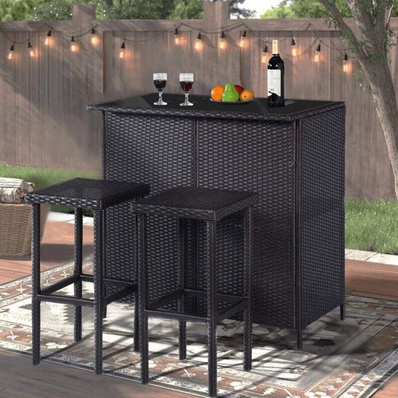 DEVOKO 3 Piece Wicker Patio Outdoor Bar Set With Table & 2 Stools (Dark Brown)