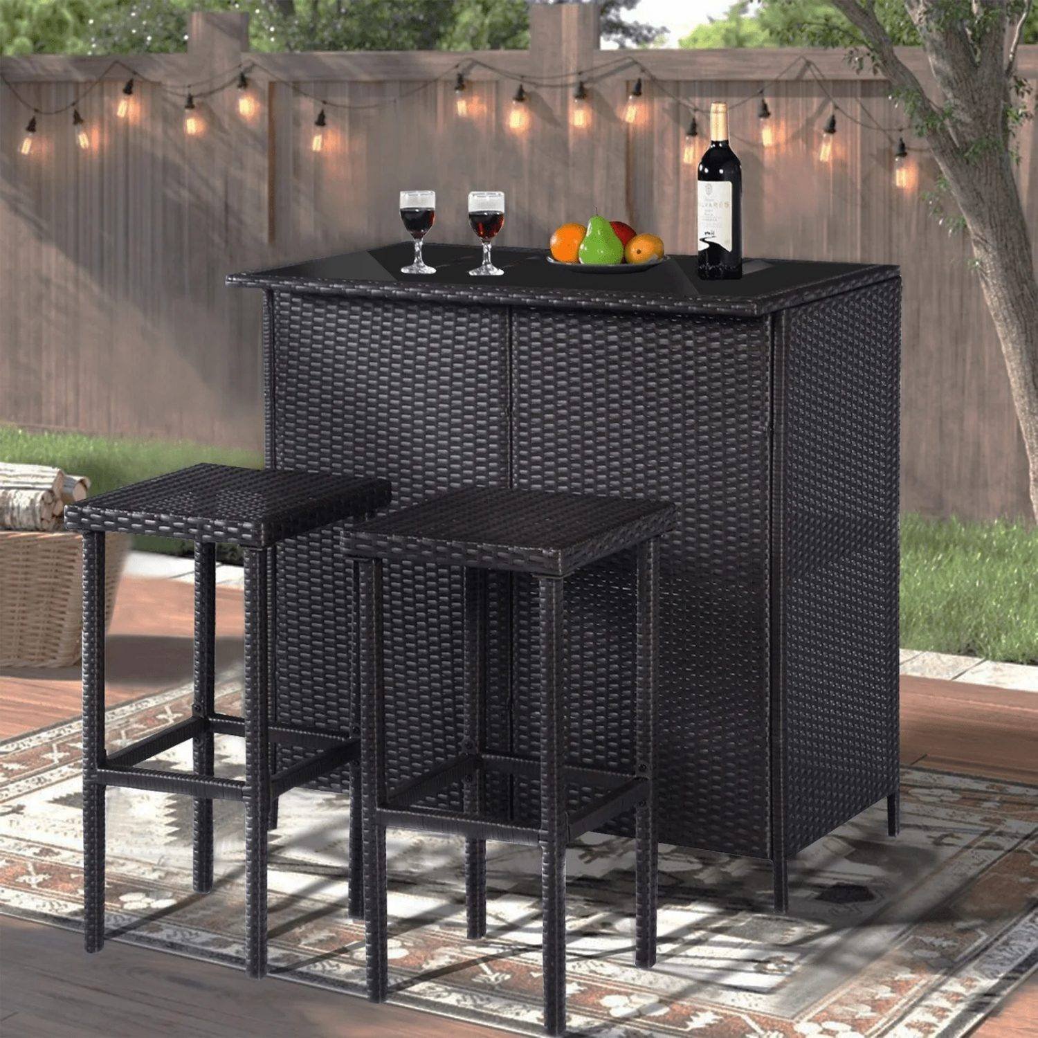 DEVOKO 3 Piece Wicker Patio Outdoor Bar Set With Table & 2 Stools (Dark Brown)