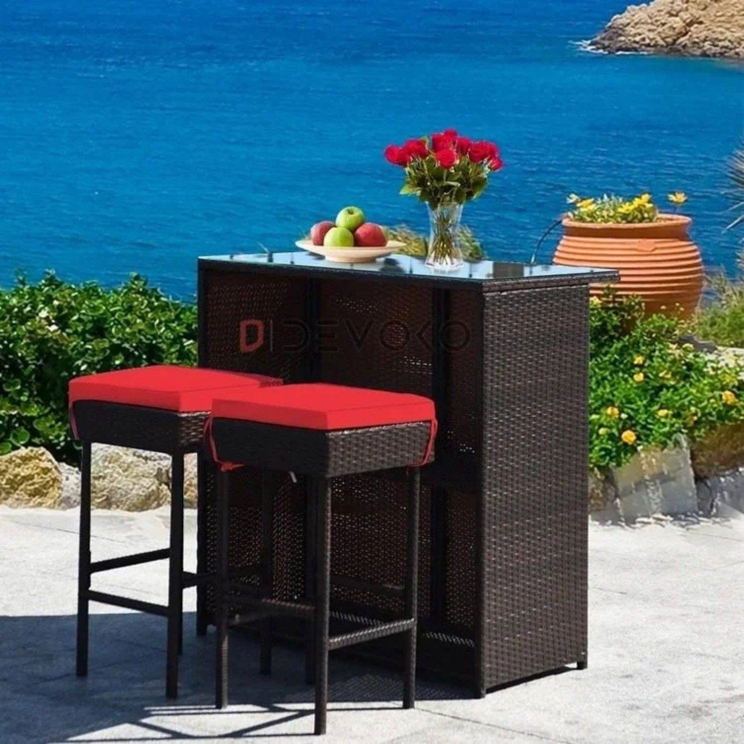3-Piece Rattan Wicker Patio Bar Set with Cushioned Stools & Glass Table - Dark Brown & Red