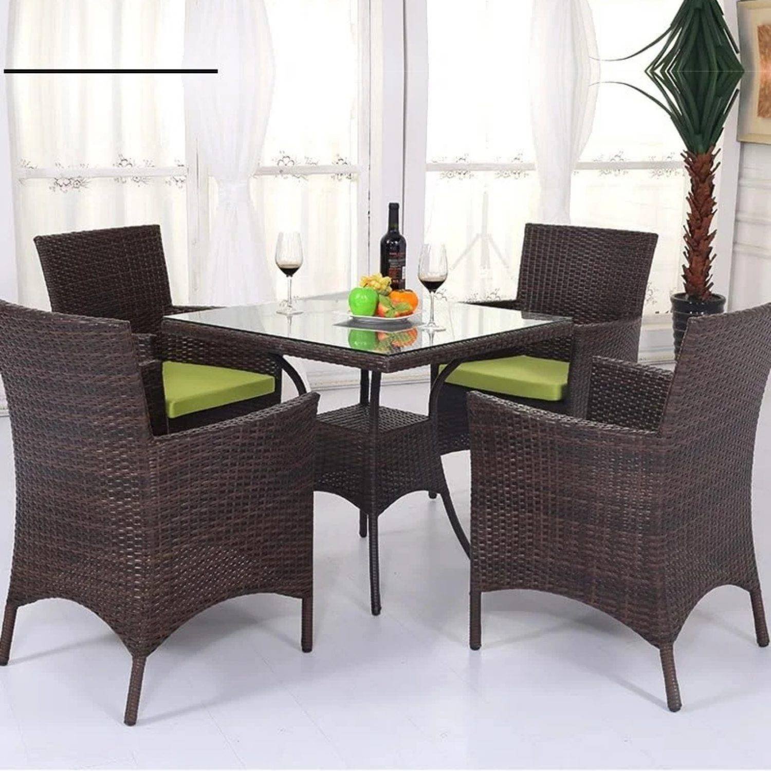 5-Piece Wicker Patio Dining Furniture Set with Seat Cushion(Dark Brown and Green) Table Without Glass Top