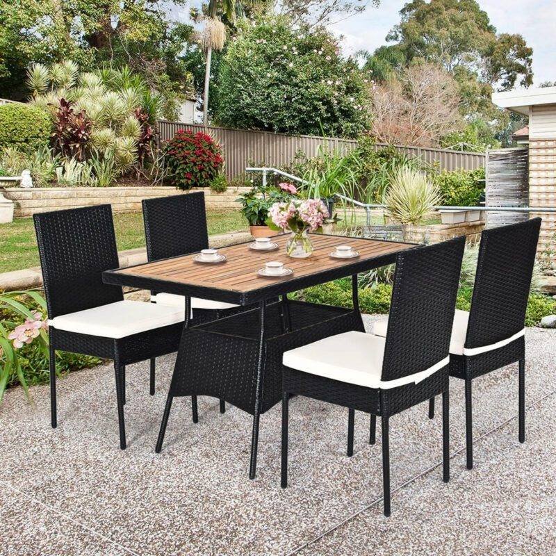 DEVOKO 5PCS Rattan Patio Dining Set Outdoor Cushion Wooden Tabletop (Black & White)
