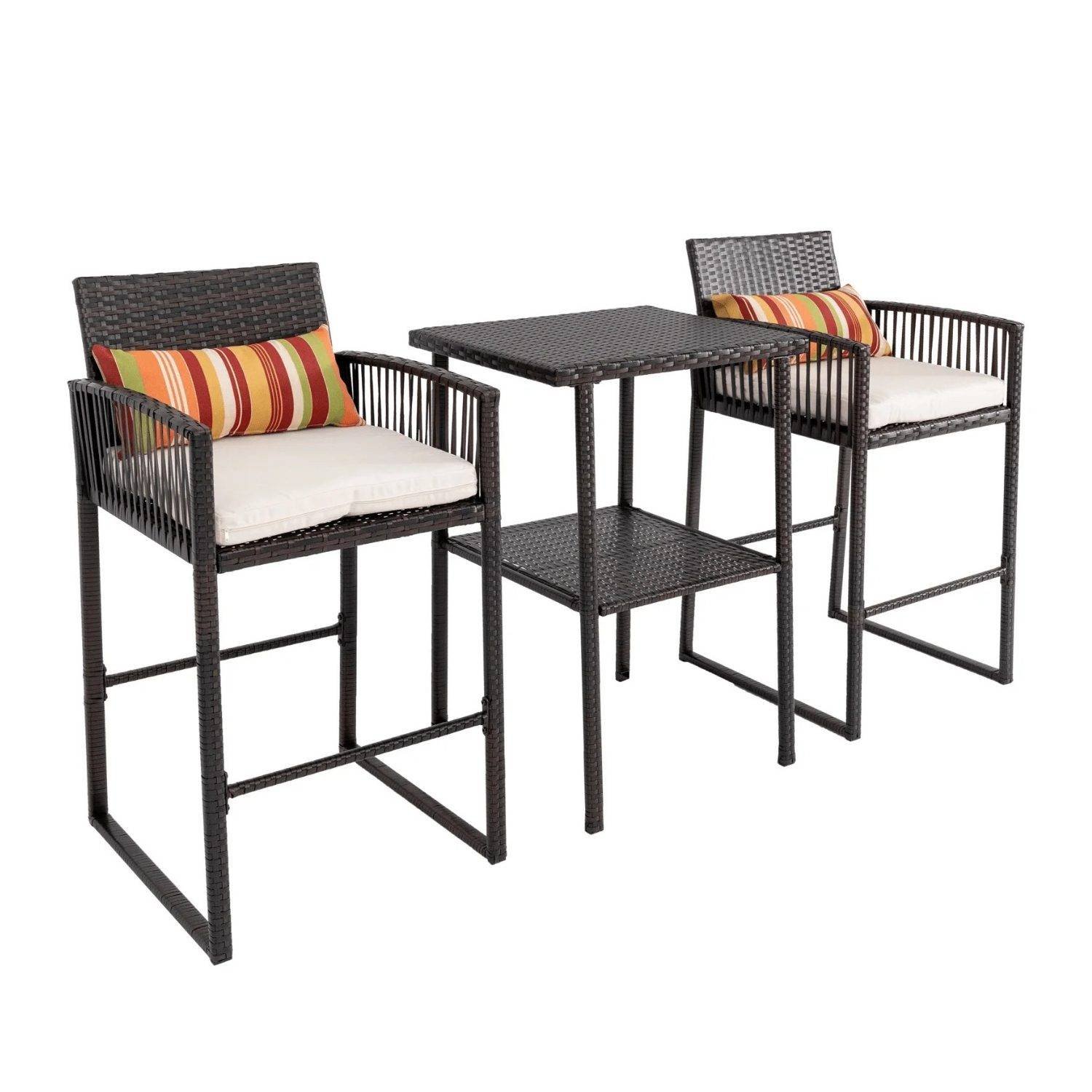 DEVOKO Patio 3 Piece Bar Set With Heighted Stools & Table For Outdoor & Indoor (Dark Brown & White)