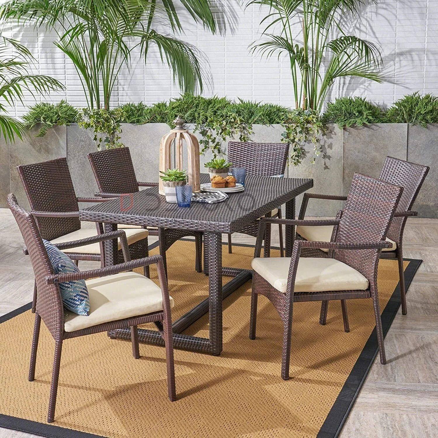7PCS Wicker Patio Dining Set: Outdoor Rattan Table & Chairs with Cushions (Darkbrown & Cream)