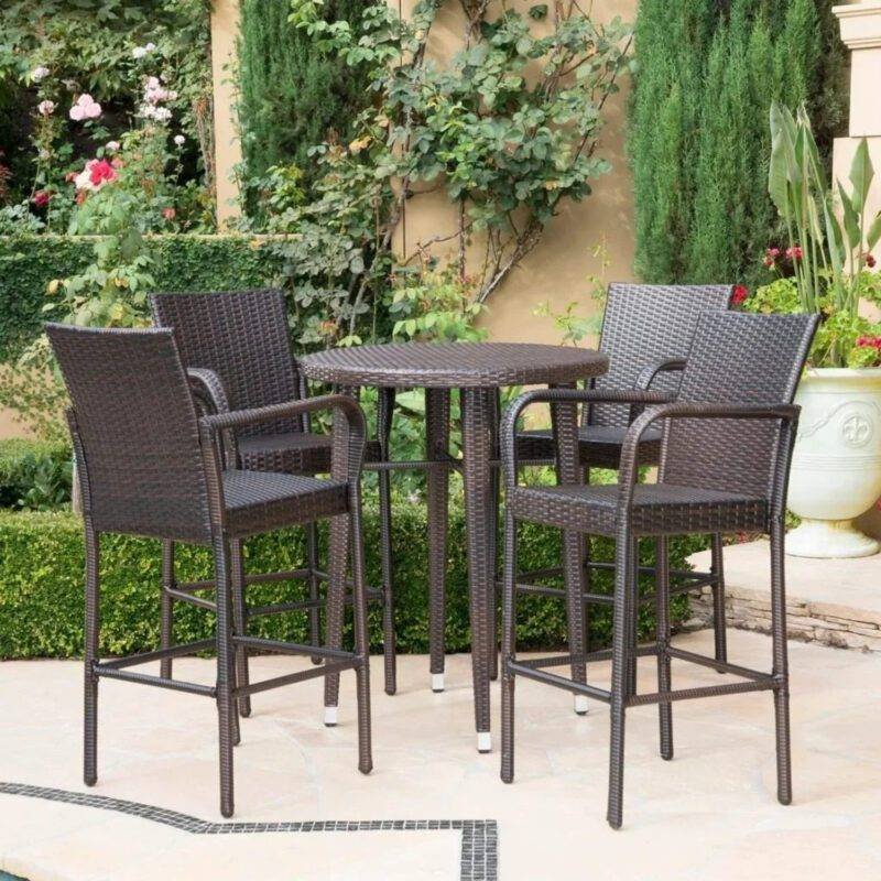 5-Piece Wicker Patio Bistro Set: Round Table, 4 Bar Stools