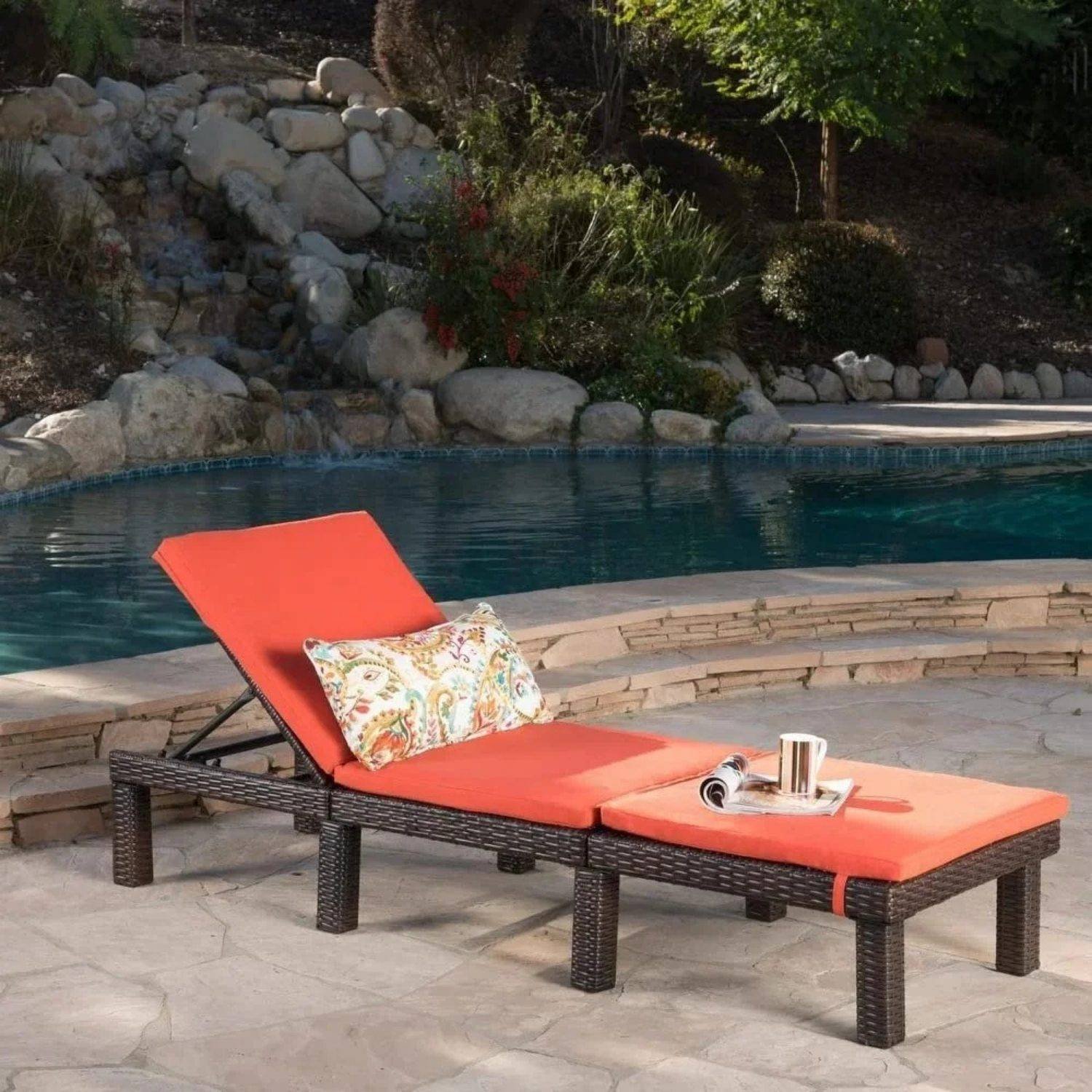 DEVOKO Double Chaise Lounge with Waterproof Cushions - Dark Brown/Orange