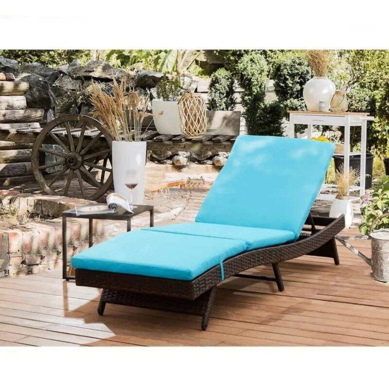 Dark Brown Rattan Reclining Lounger Chair with Sky Blue Cushions
