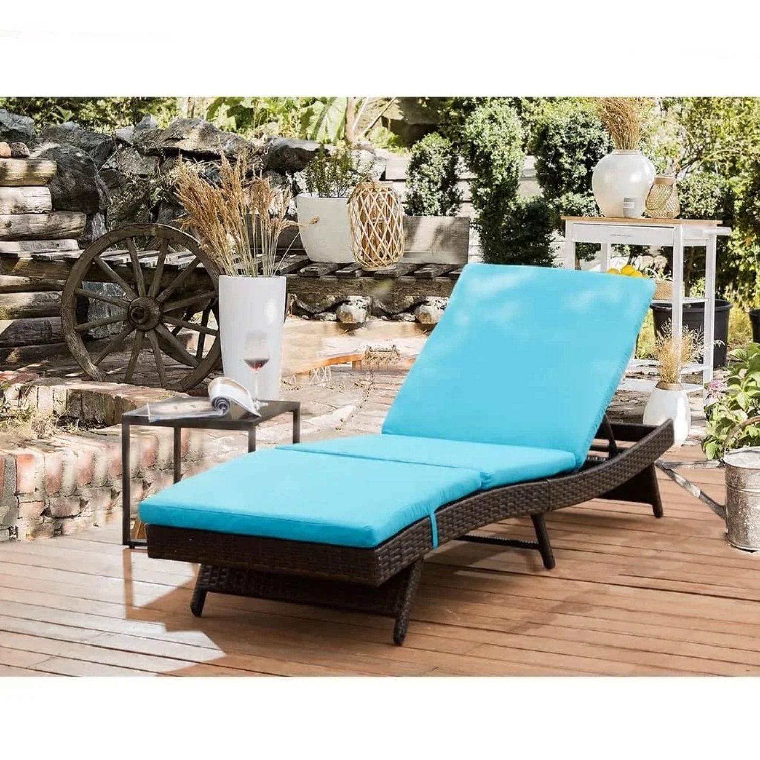 Dark Brown Rattan Reclining Lounger Chair with Sky Blue Cushions