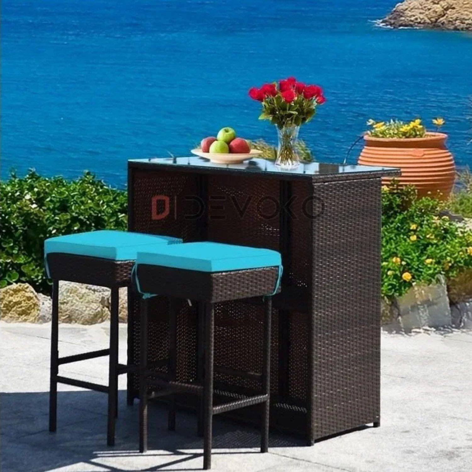 Wicker Bar Set: Glass Bar, 2 Stools, Cushions - Dark Brown & Sky Blue