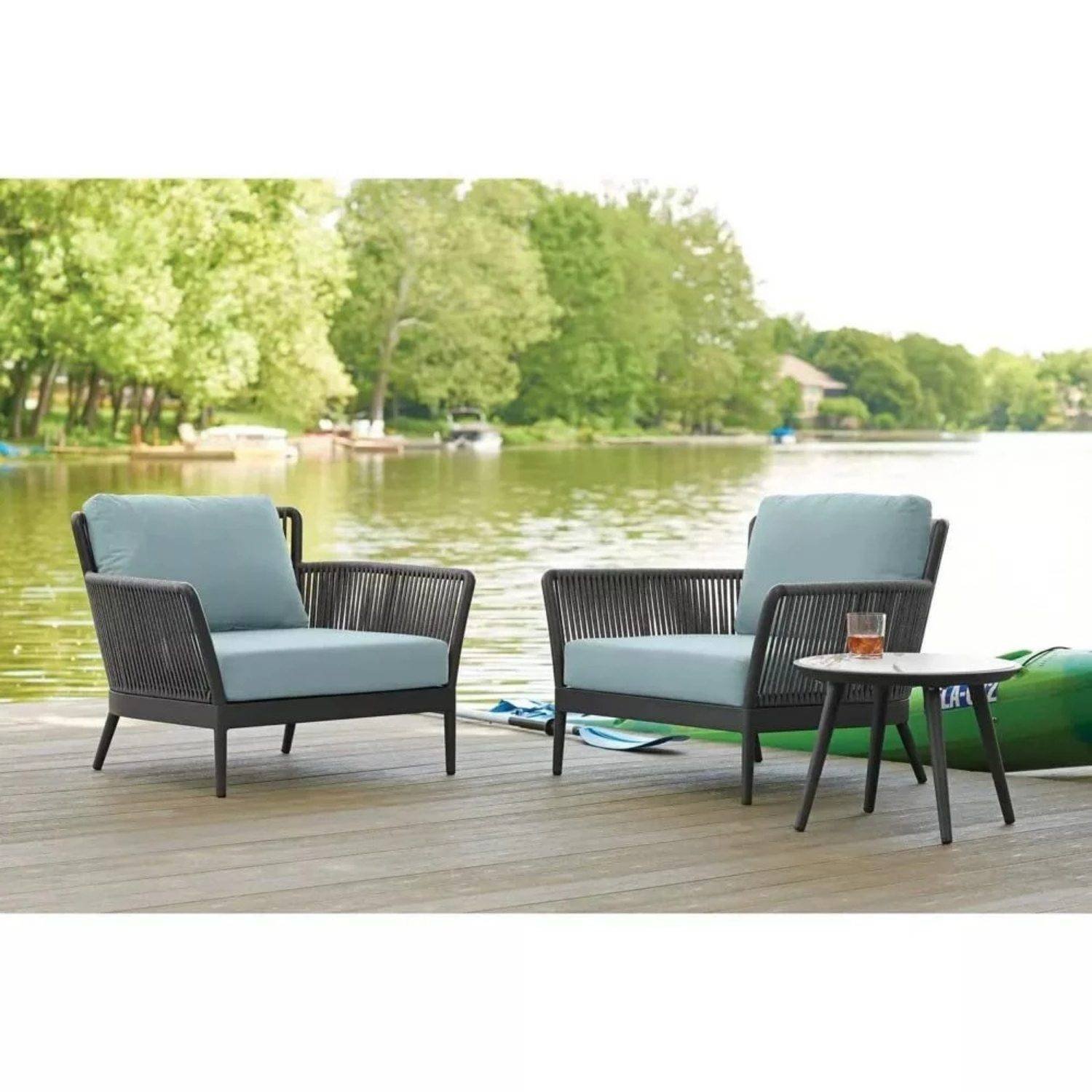 3 Piece Patio Set (Grey Rope & Sky-blue Cushions)