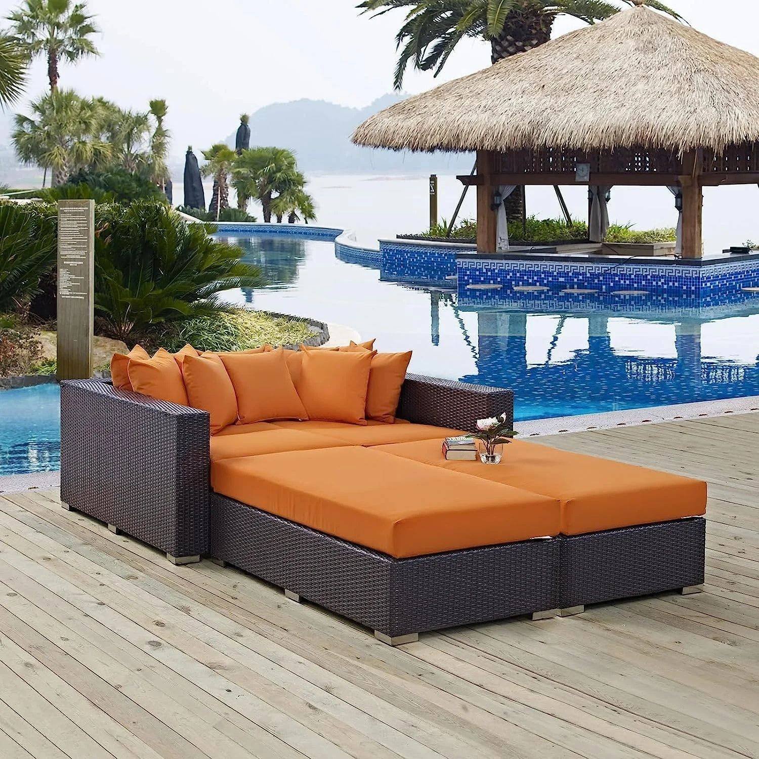 3pcs Outdoor Rattan & Wicker Sofa Daybed (Dark Brown/Orange)