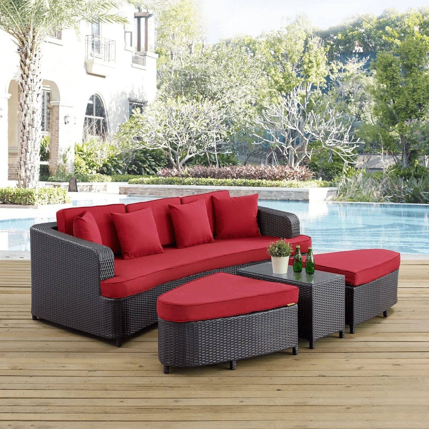 4 Pieces Sectional Patio Furniture Outdoor Daybed Set (Dark Brown and Red)