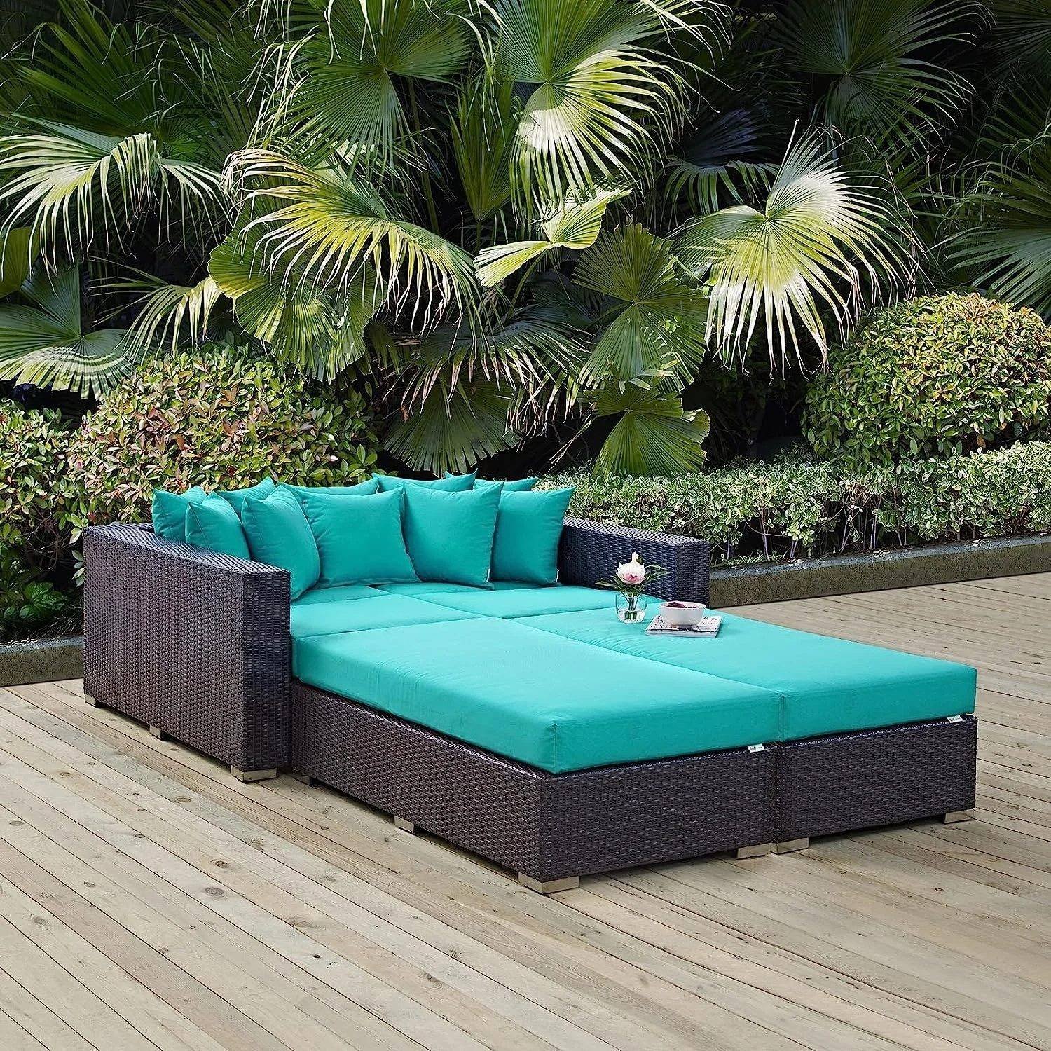 3pcs Outdoor Rattan & Wicker Sofa Daybed (Dark Brown/Turquoise Blue)