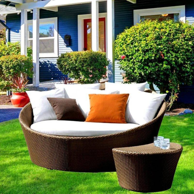 Dark Brown Wicker Daybed Set with Off-White Cushions: Outdoor Elegance