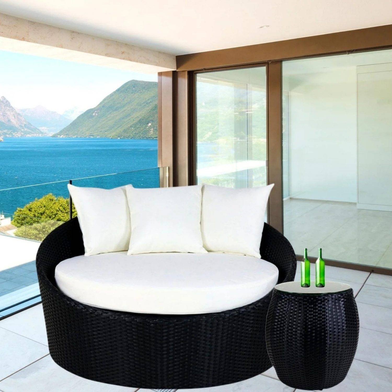 Outdoor Cushion(Off White) and Wicker(Black) Daybed Set