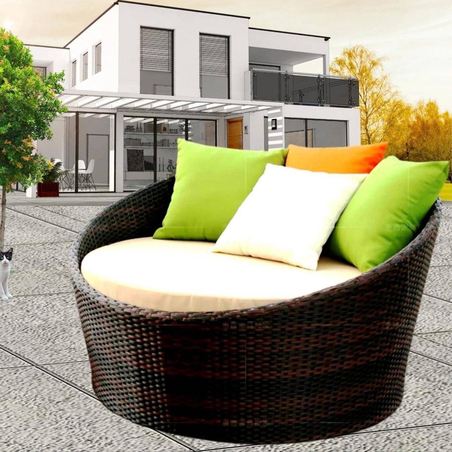 Darkbrown & Offwhite Wicker Rattan Daybed Set