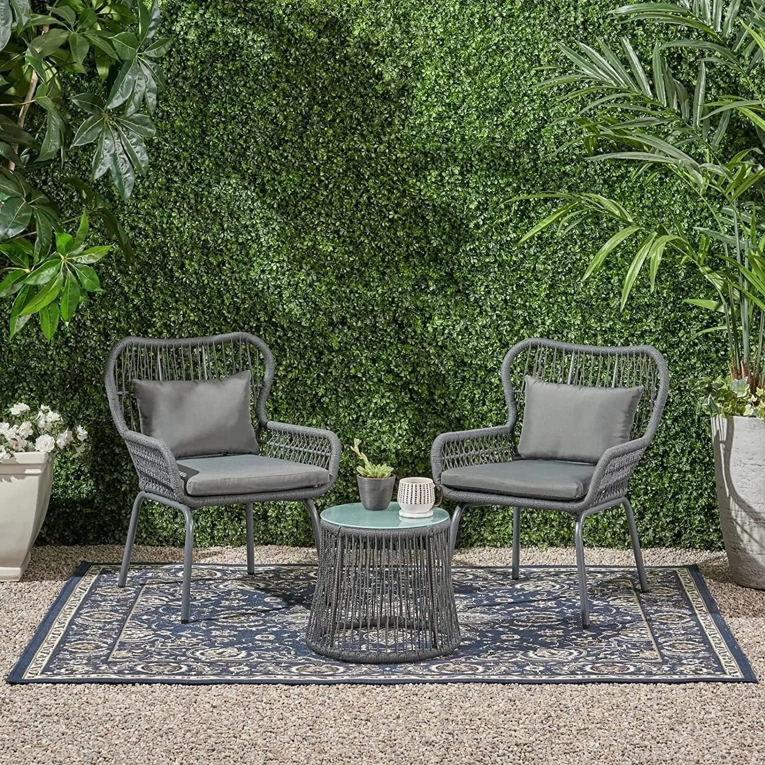 Devoko Dark Gray Rope Chair and Table Set - Garden/Balcony