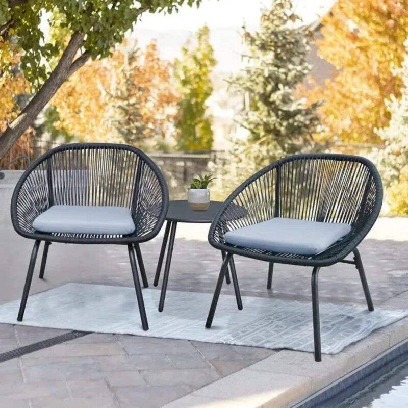 Devoko All-Weather 3-Piece Patio Set - Black Rope, Grey Cushions