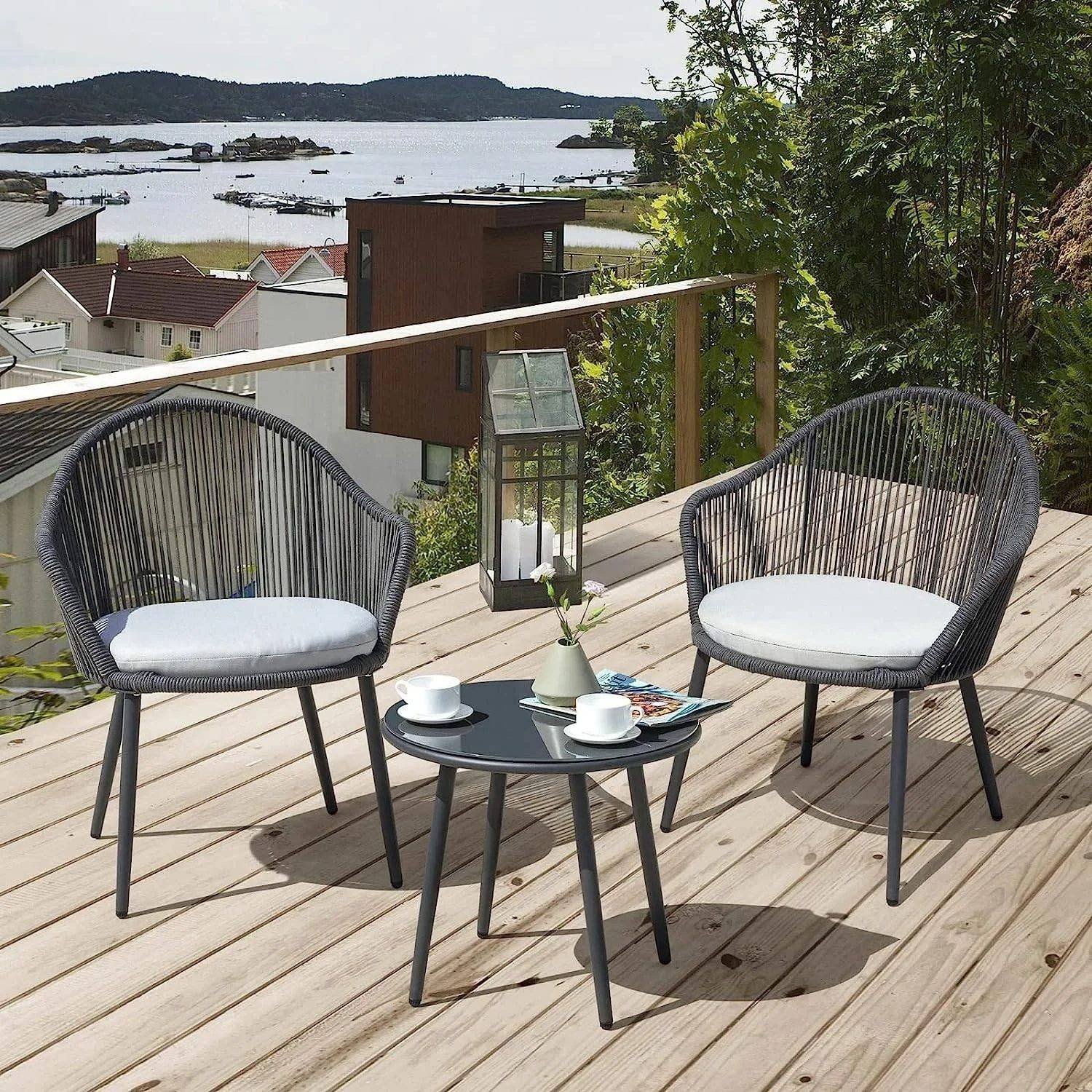 Outdoor Rope Seating Set - 2 Chairs 1 Table - Dark Grey/Grey