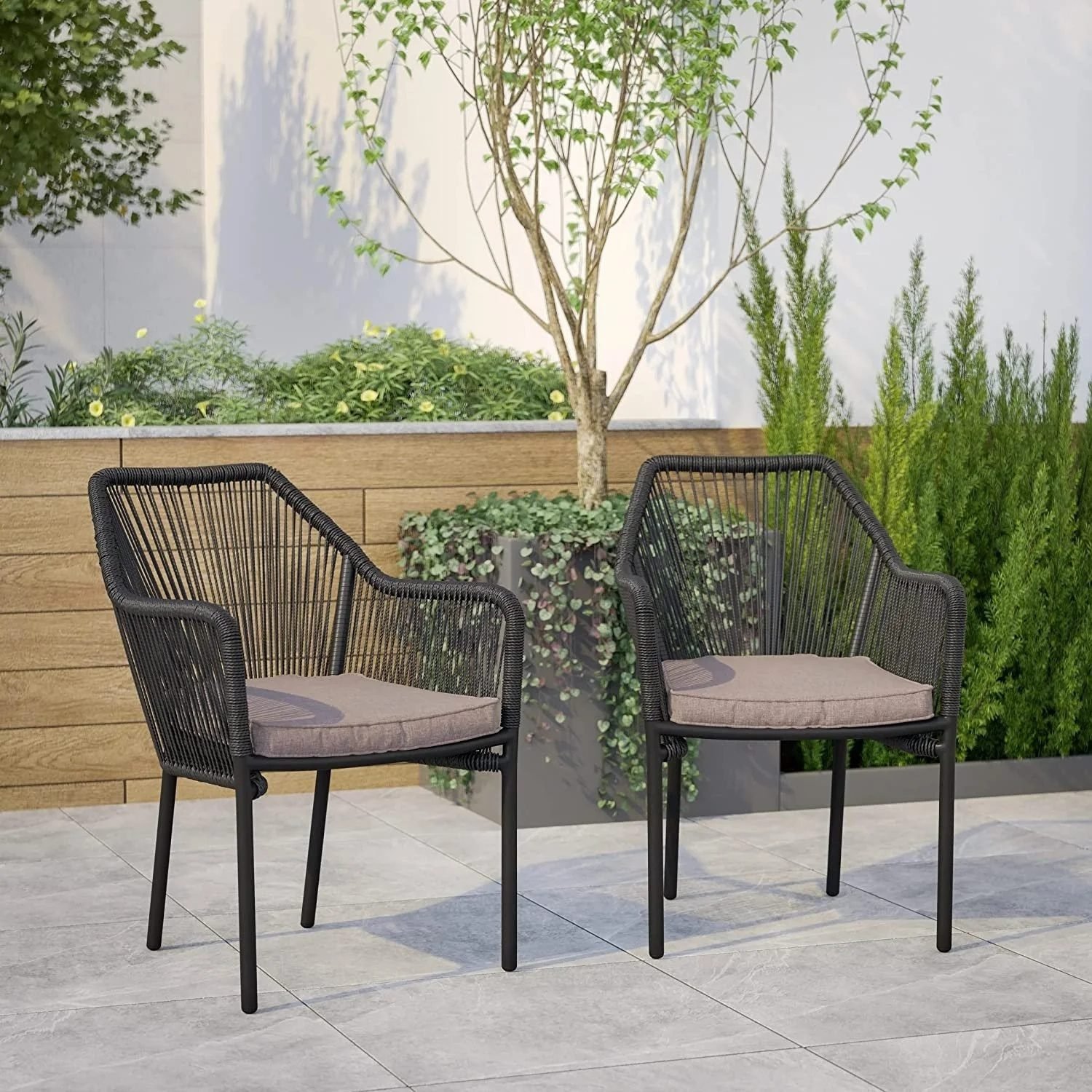 Devoko 2-Seater Rope Chair Set with Cushion (Black/Cream)