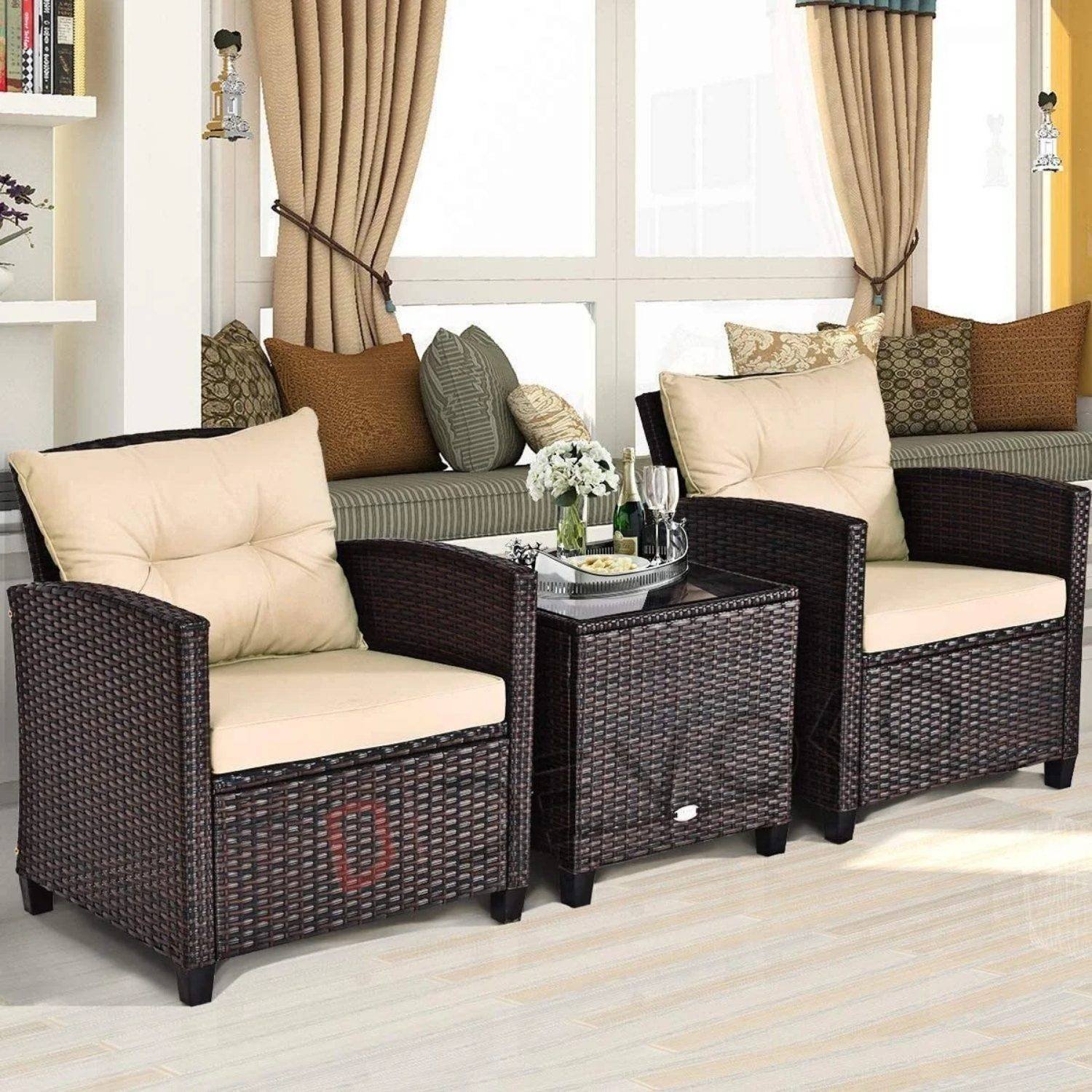 3-Piece Rattan Patio Furniture Set: Cream & Dark Brown