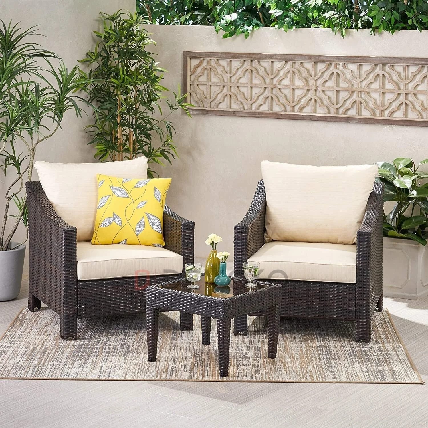 3-Piece Patio Bistro Conversation Set: Cream Cushion, Dark Brown Wicker