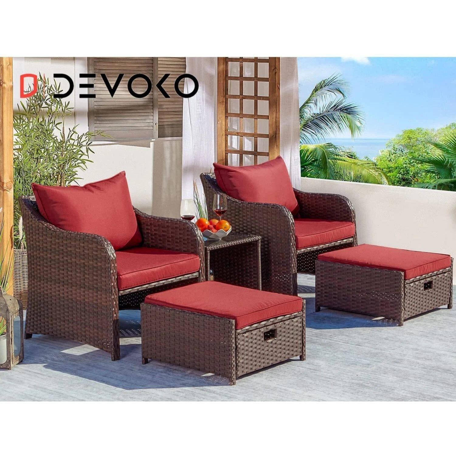5-Piece Red Cushioned Rattan Patio Set: Dark Brown Elegance