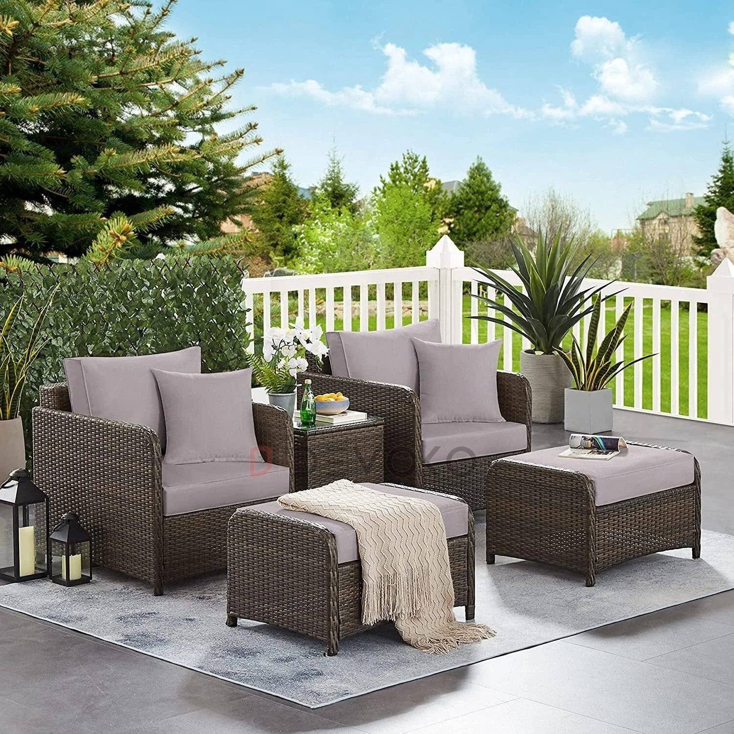Wicker Rattan Patio Furniture Set: Dark Brown & Gray