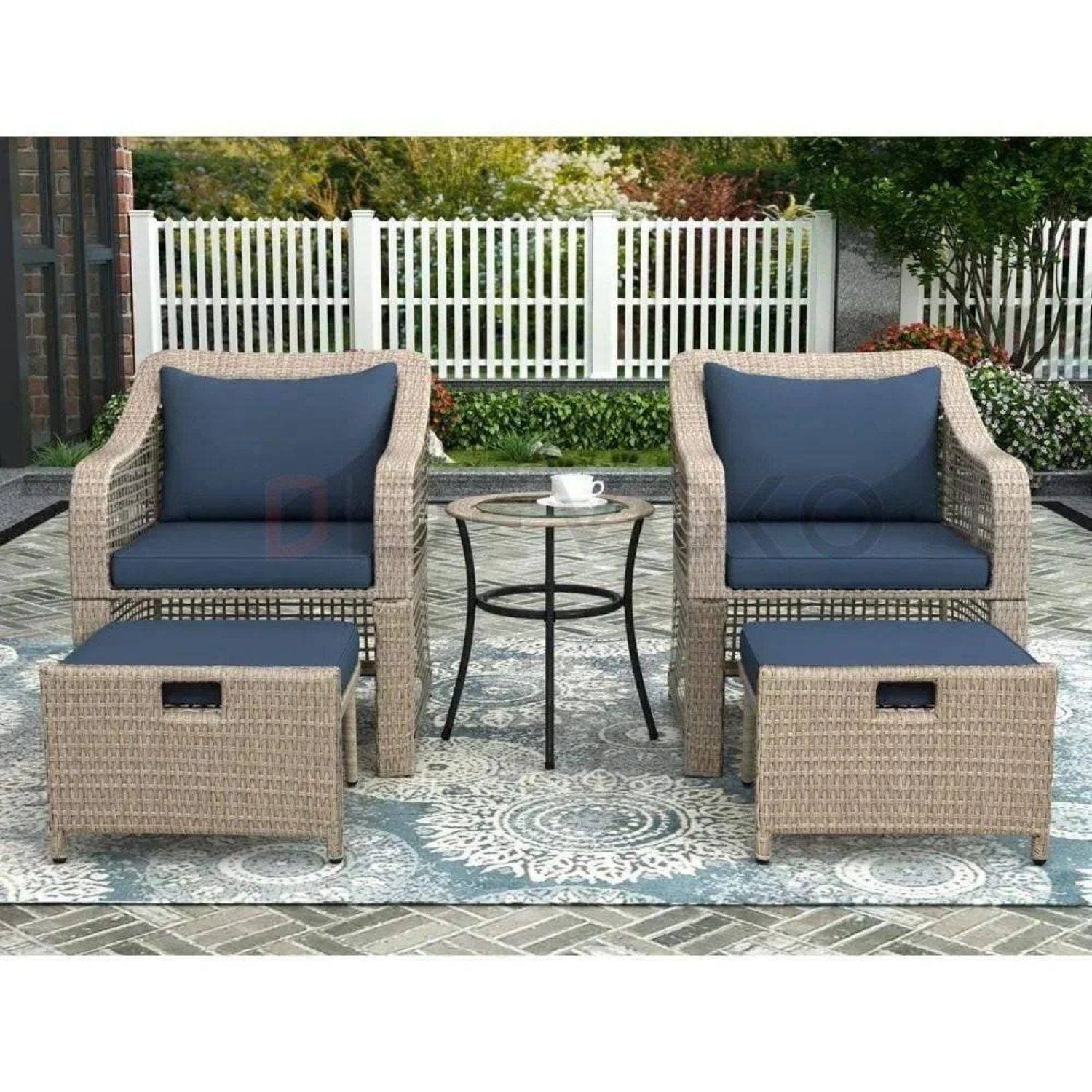 Navy Blue Cushion & Silver Grey Wicker Patio Conversation Set