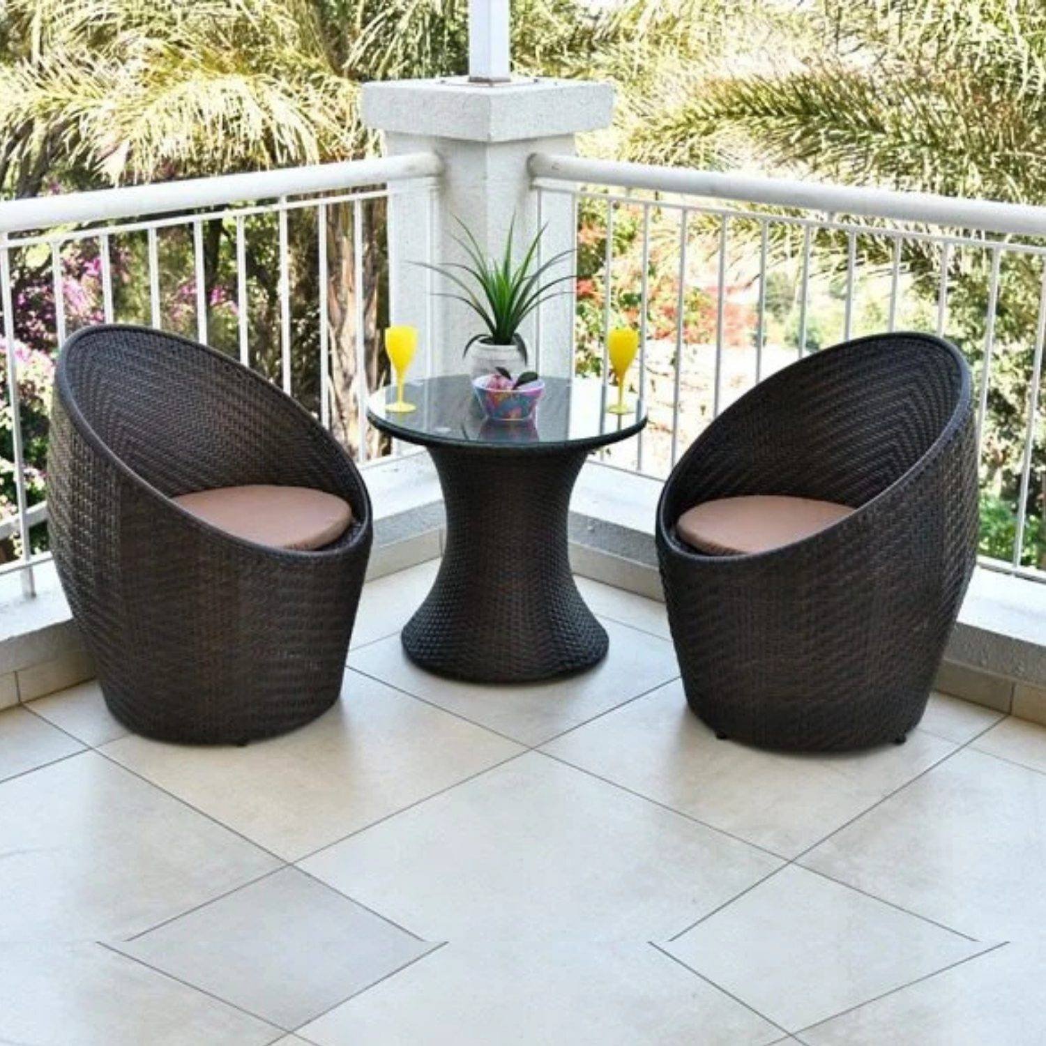 3-Piece Rattan Wicker Patio Set: 2 Chairs + Glass Table (Dark Brown & Cream)