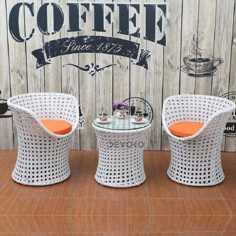 3-Piece Rattan Wicker Patio Furniture Set: White & Orange Cushion