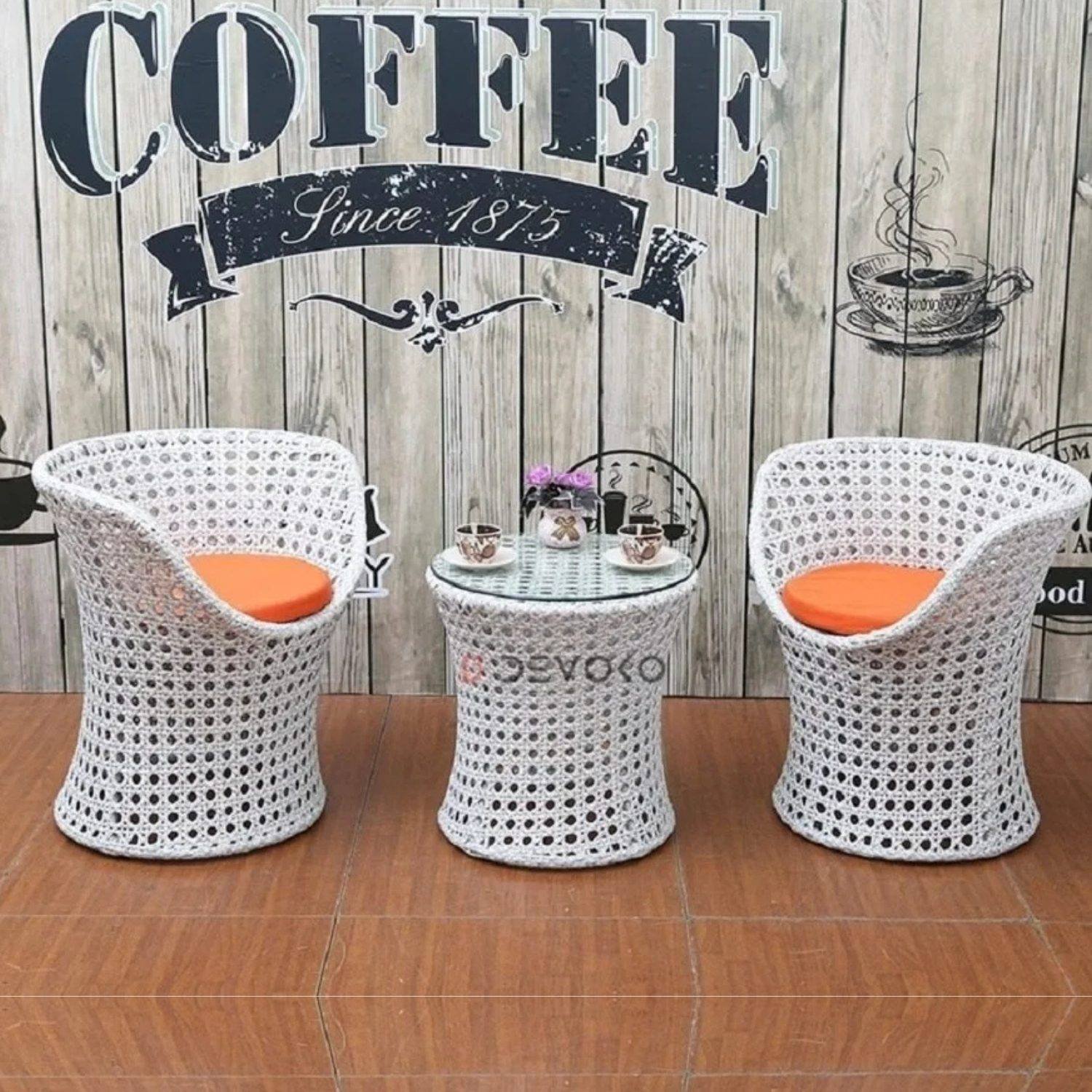 3-Piece Rattan Wicker Patio Furniture Set: White & Orange Cushion