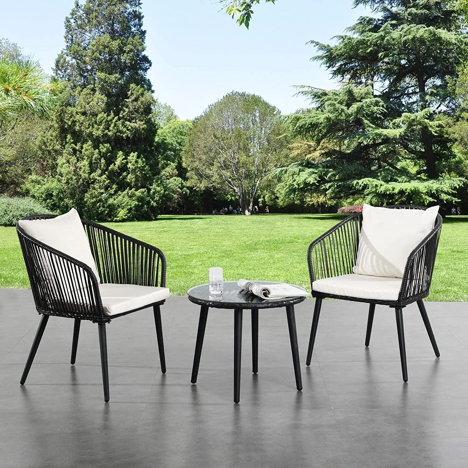 Devoko 3 Piece Patio Wicker Set – Black/Off-white – Terrace/Garden