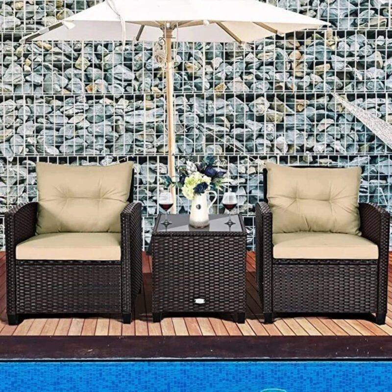 Devoko 3-Piece Outdoor Rattan Wicker Patio Furniture Set (Dark Brown & Cream)