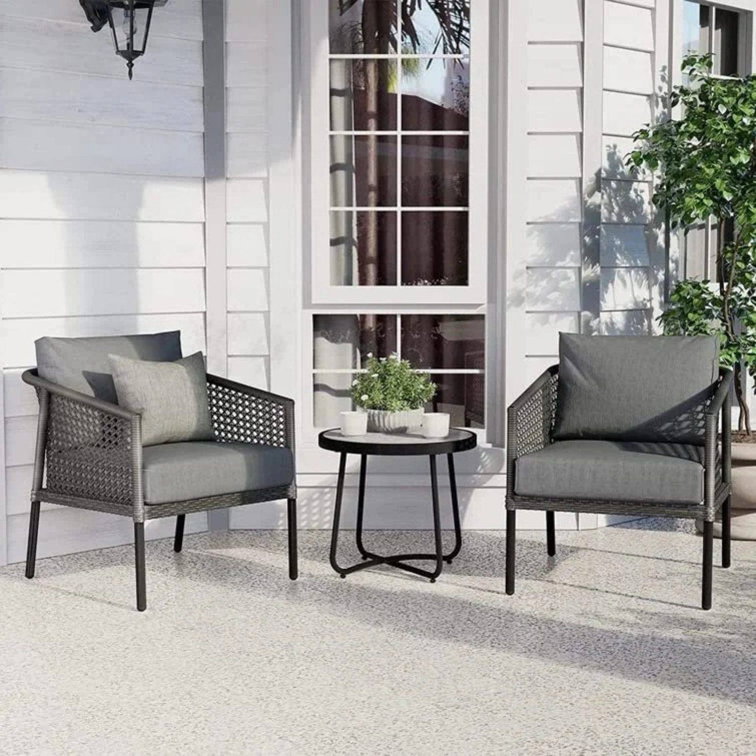 Devoko 3-Piece Patio Set - Black Wicker & Grey Cushion