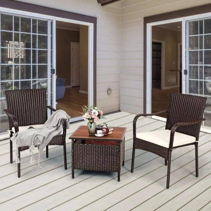 Devoko 3-Piece Rattan Patio Furniture Set (Dark Brown/White)