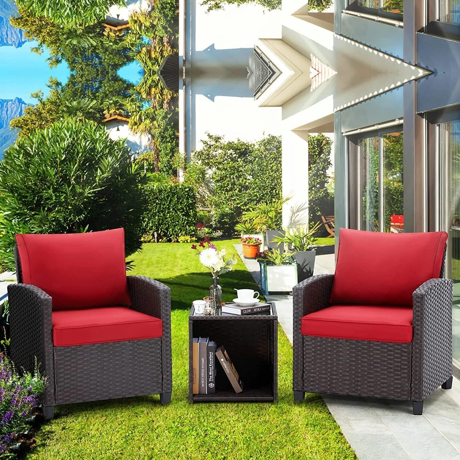 DEVOKO 3PCS Rattan Conversation Set (Dark Brown & Red)