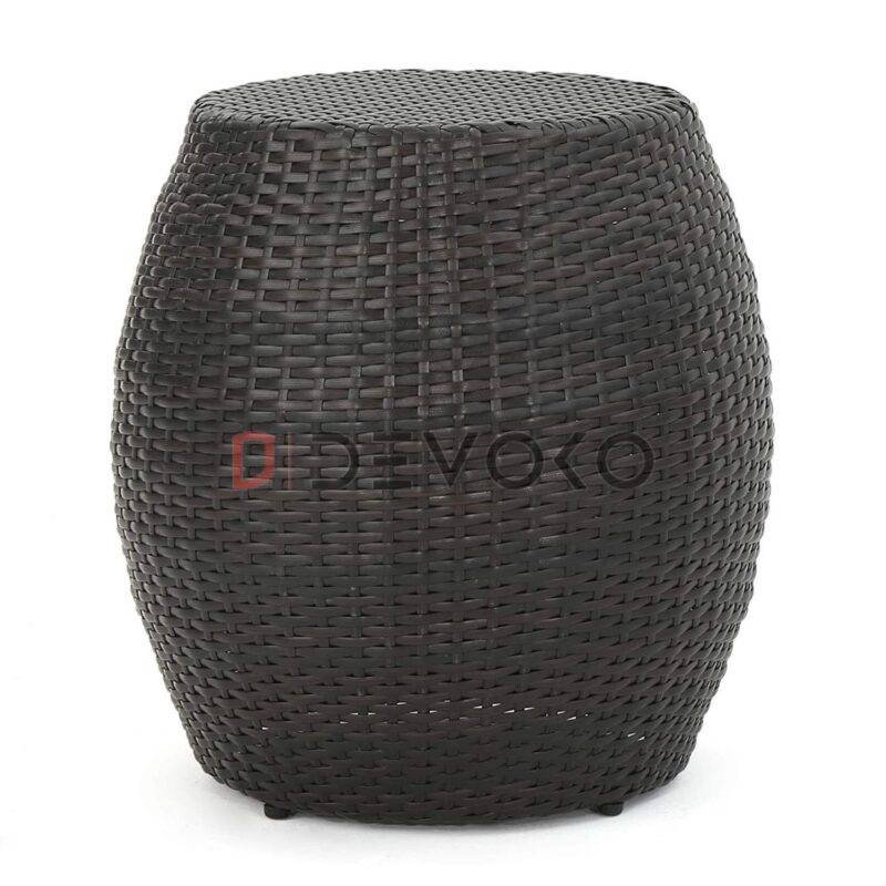 "Dark Brown Rattan Damru Accent Table for Patio, Lightweight & Sturdy"