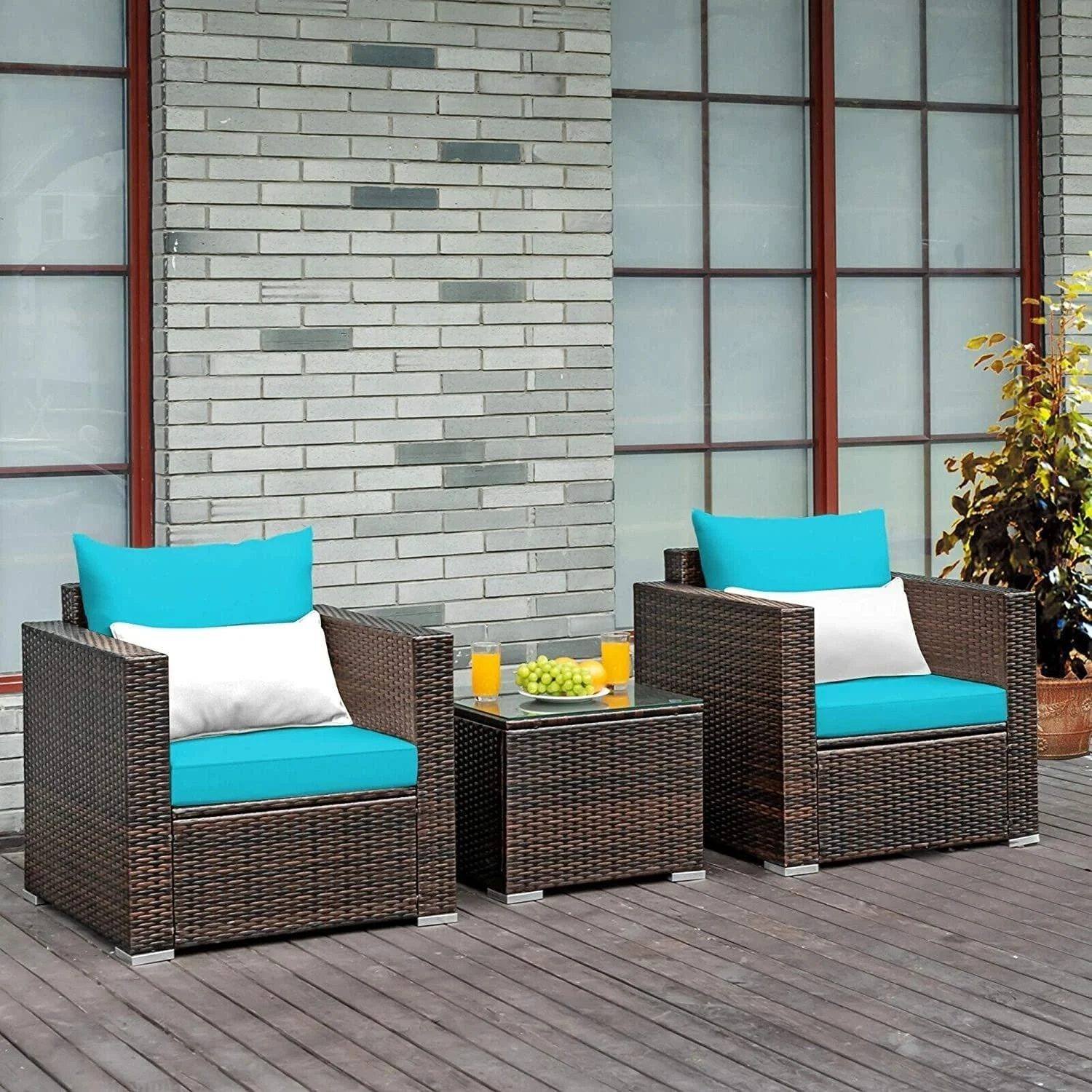 3-Piece Outdoor Bistro Set with Wicker Chairs and Table (Dark Brown/Sky Blue)