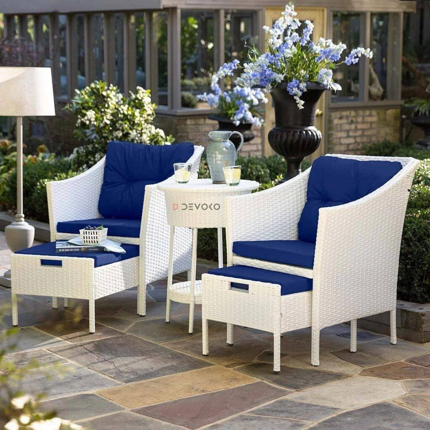 5-Piece Rattan Wicker Patio Furniture Set (White & Royal Blue)