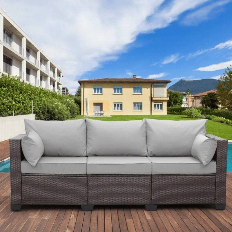 Dark Brown & Grey 3-Seat Patio Wicker Sofa (High Back, Non-Slip Cushioned)
