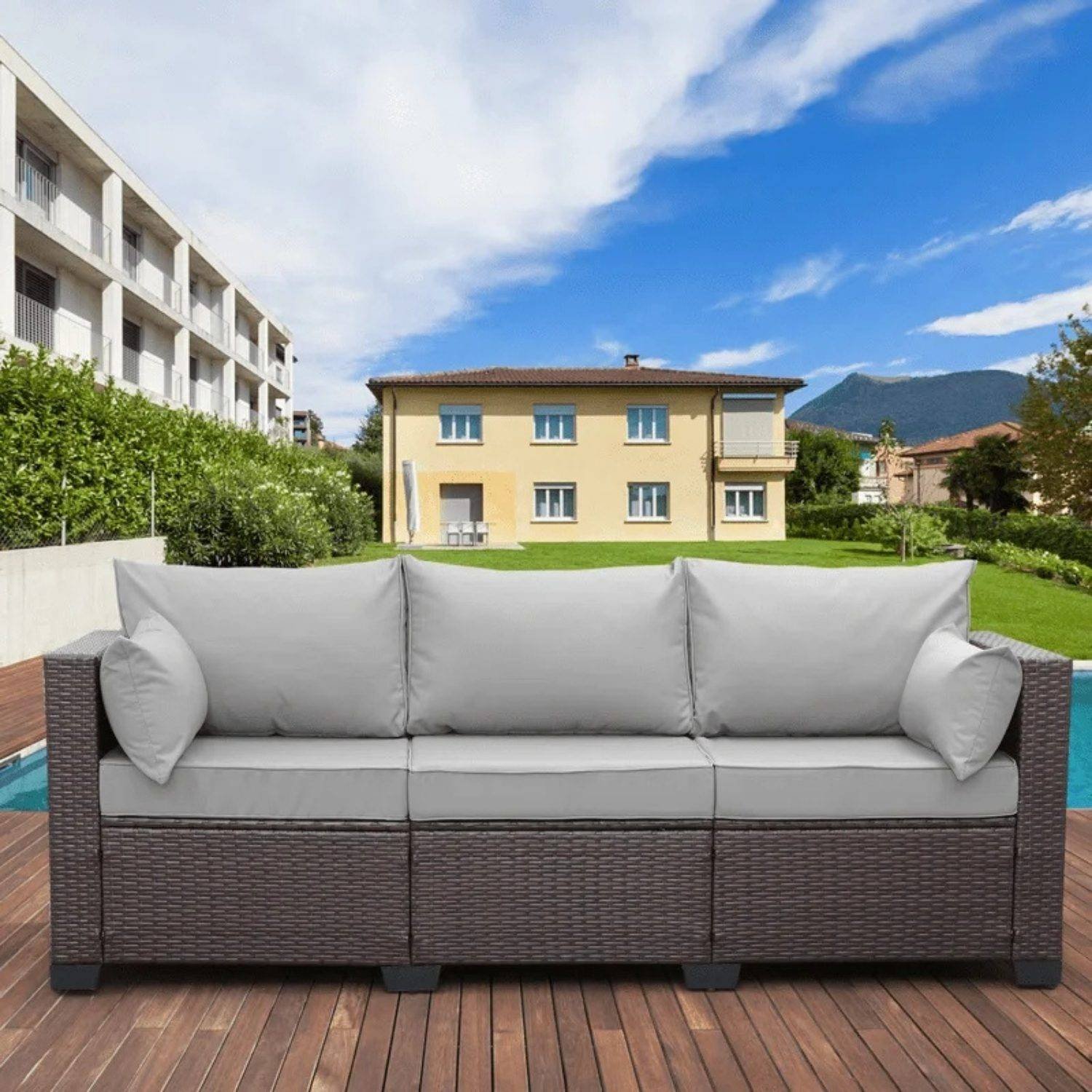 Dark Brown & Grey 3-Seat Patio Wicker Sofa (High Back, Non-Slip Cushioned)