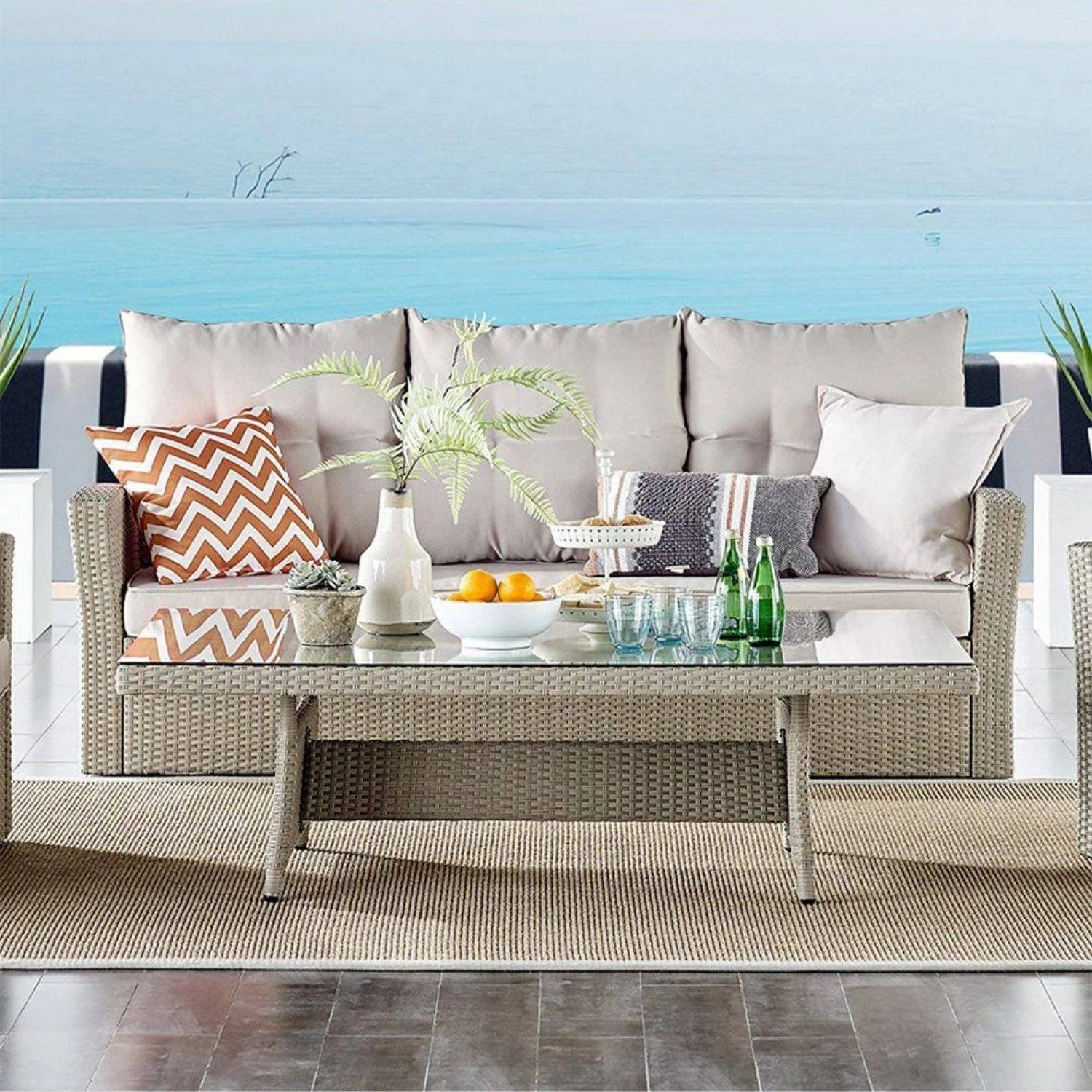 DEVOKO 3-Seater Wicker Rattan Patio Sofa with Cushions (Beige & Cream)