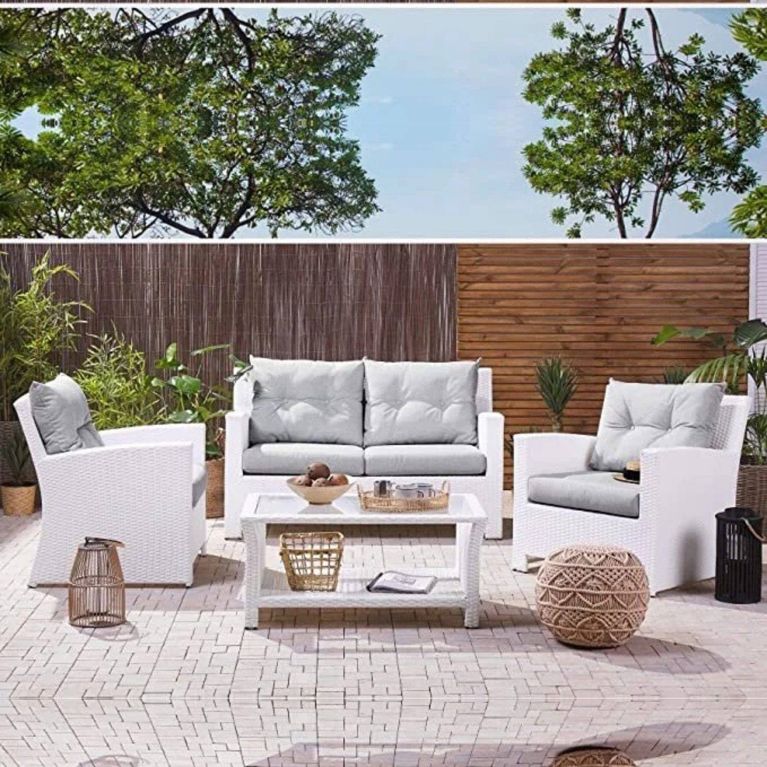 DEVOKO Outdoor Grey Sofa Set: White/Light Grey Patio Furniture