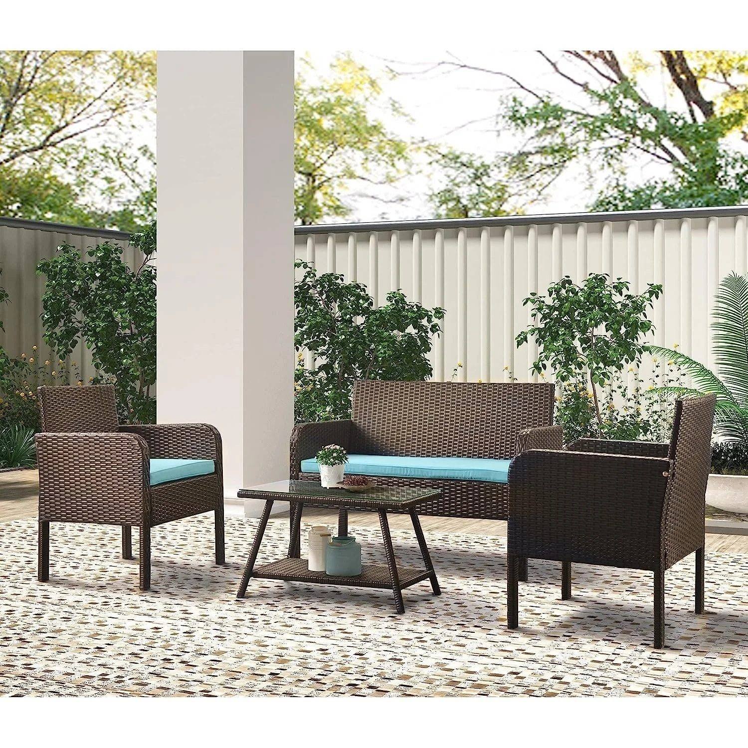 DEVOKO 4PCS Patio Wicker Furniture Set (Dark Brown & Sky-blue)